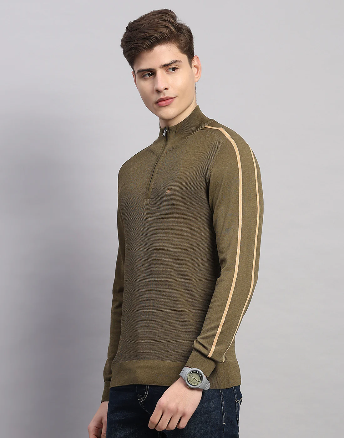 Men Olive Self Design Collar Full Sleeve Winter T-Shirt - Image 2