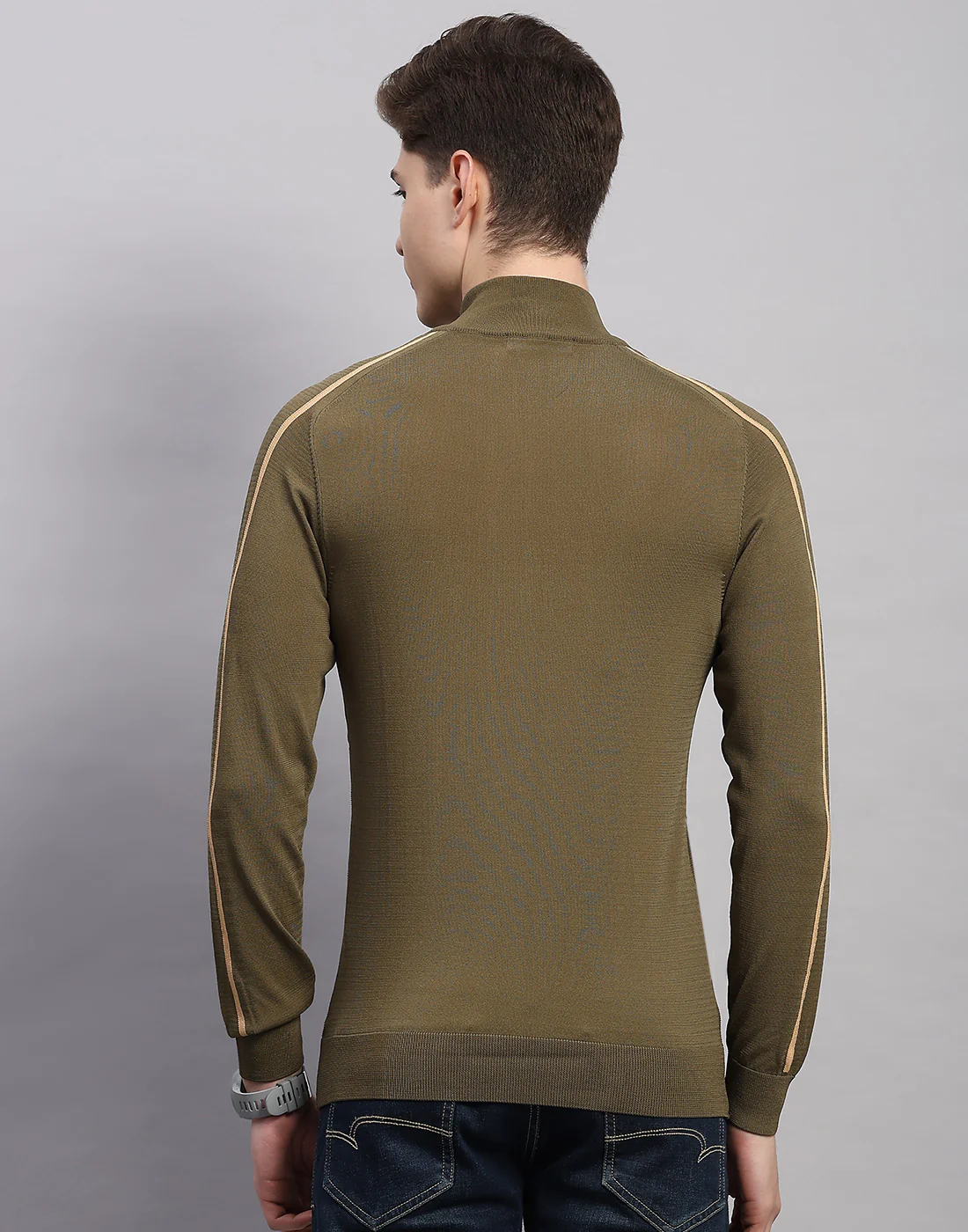 Men Olive Self Design Collar Full Sleeve Winter T-Shirt - Image 4