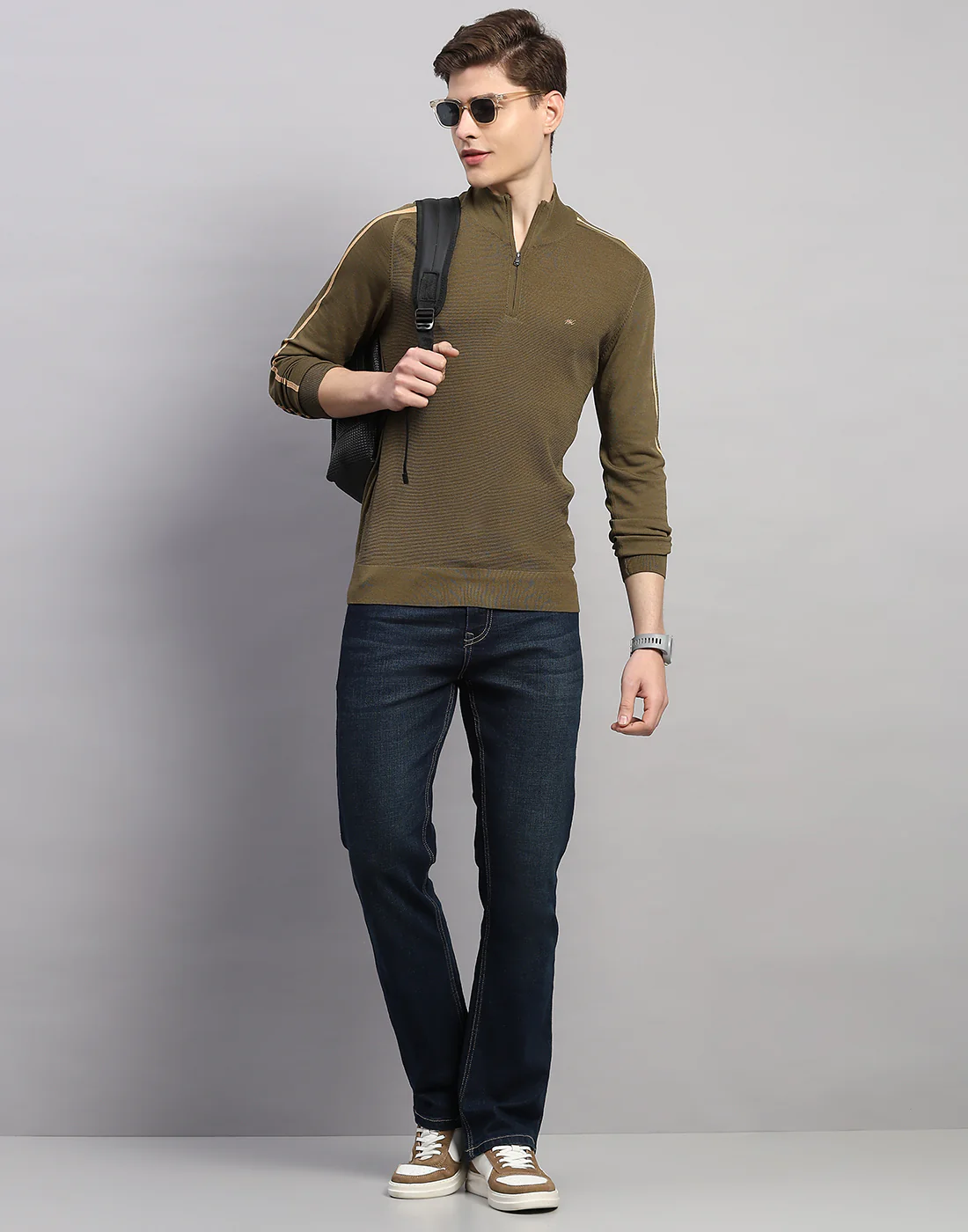 Men Olive Self Design Collar Full Sleeve Winter T-Shirt - Image 5