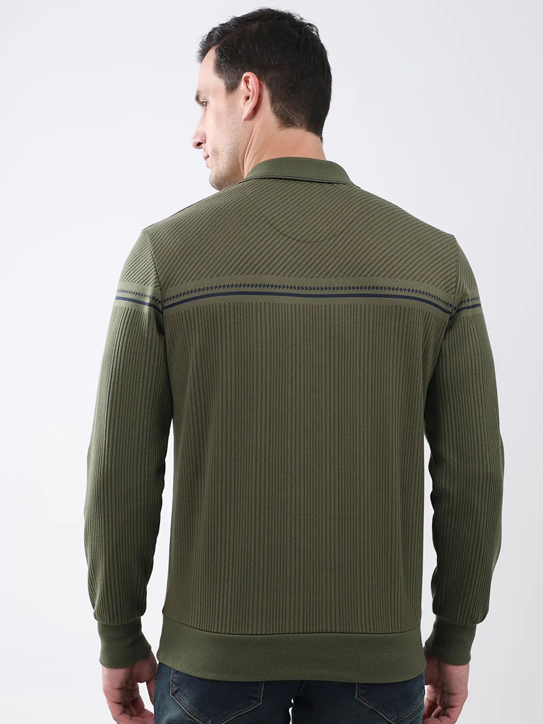 Men Olive Self Design Collar Full Sleeve Winter T-Shirt - Image 5