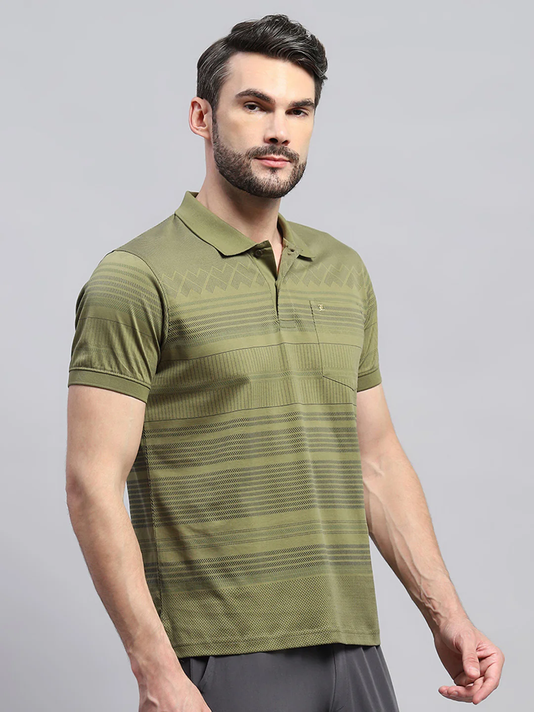 Men Olive Self Design Collar Half Sleeve T-Shirt - Image 4
