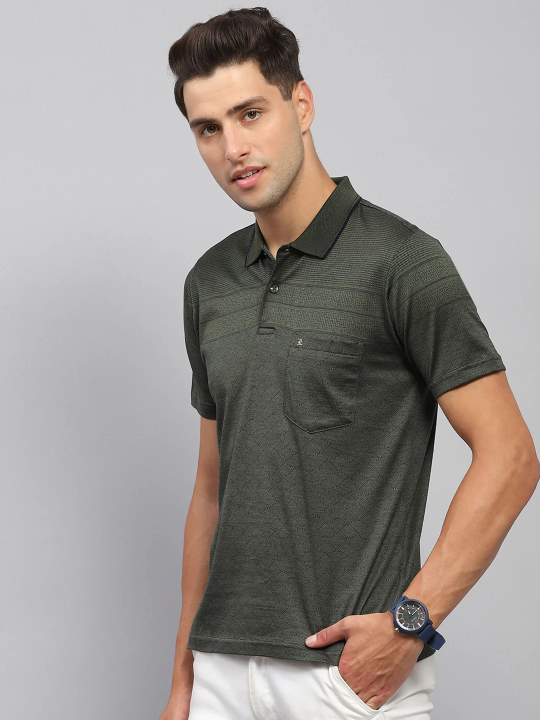 Men Olive Self Design Collar Half Sleeve T-Shirt - Image 3