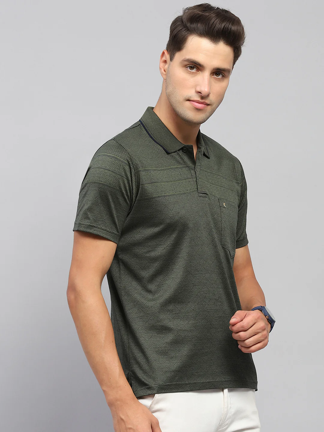 Men Olive Self Design Collar Half Sleeve T-Shirt - Image 4