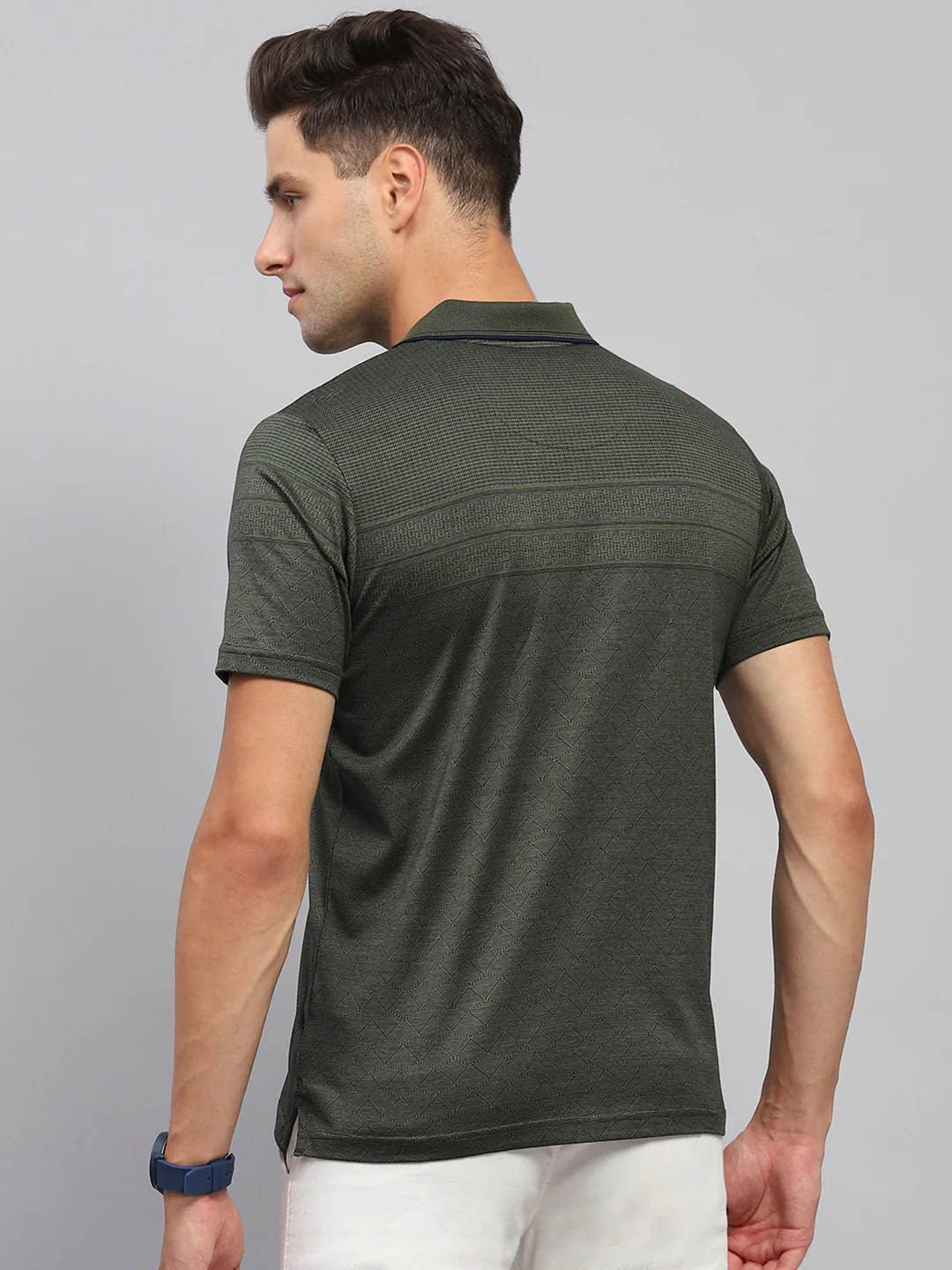 Men Olive Self Design Collar Half Sleeve T-Shirt - Image 5