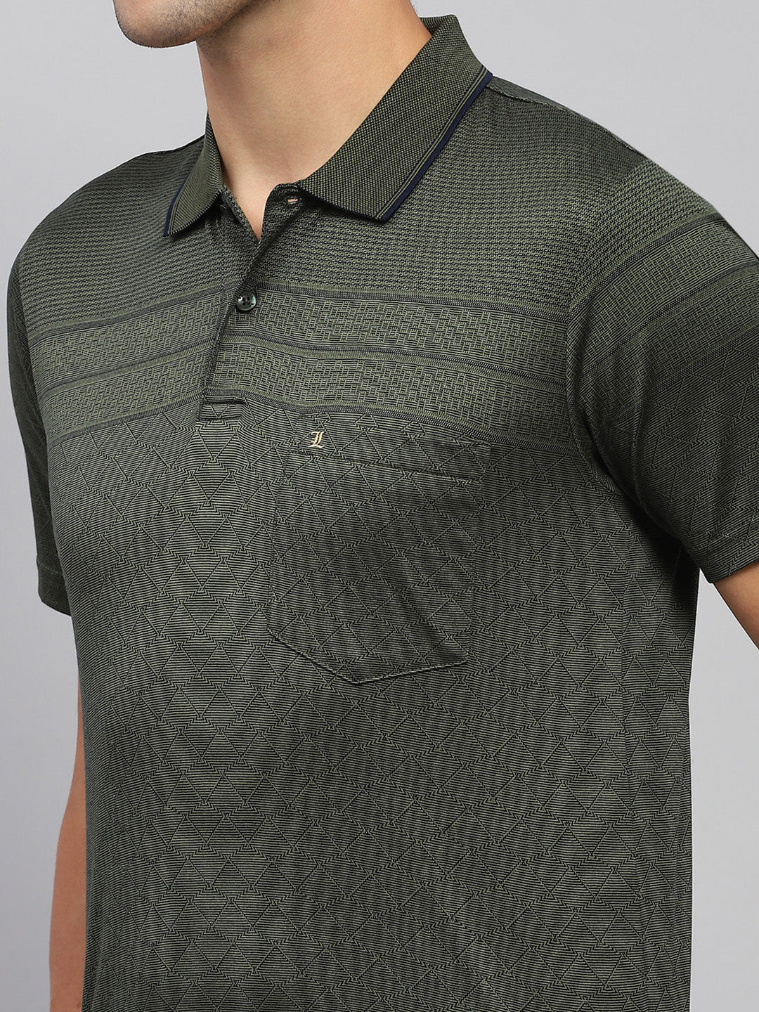 Men Olive Self Design Collar Half Sleeve T-Shirt - Image 6