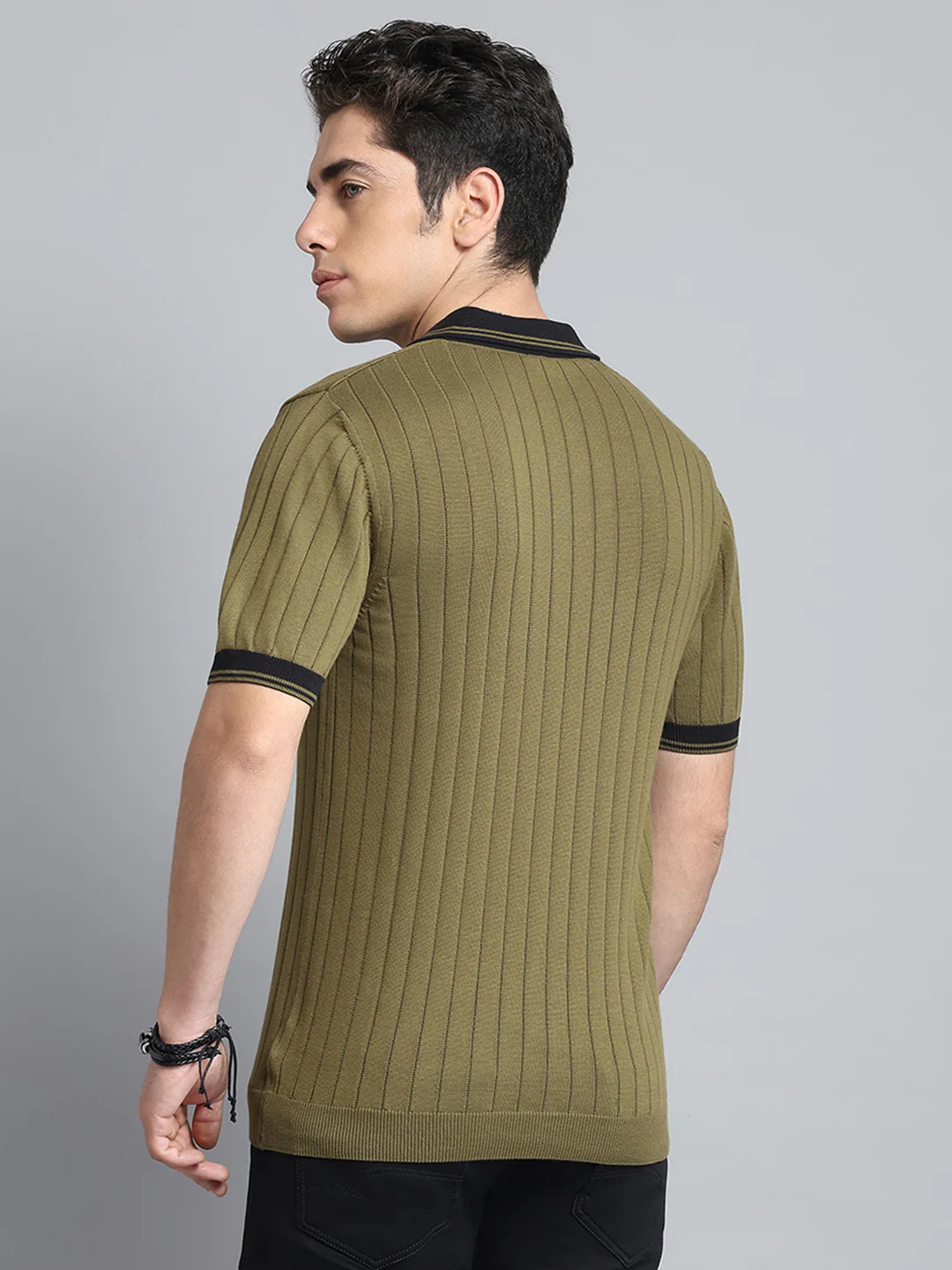 Men Olive Self Design Collar Half Sleeve T-Shirt - Image 5