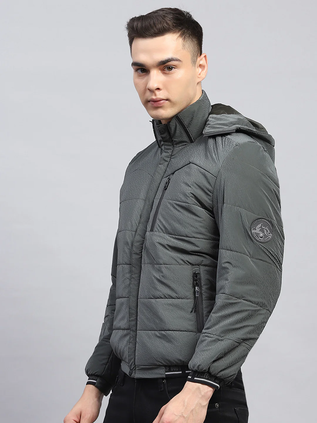 Men Olive Self Design Detachable Hood Full Sleeve Jacket - Image 3