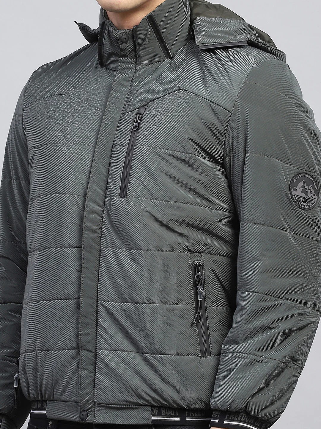 Men Olive Self Design Detachable Hood Full Sleeve Jacket - Image 8
