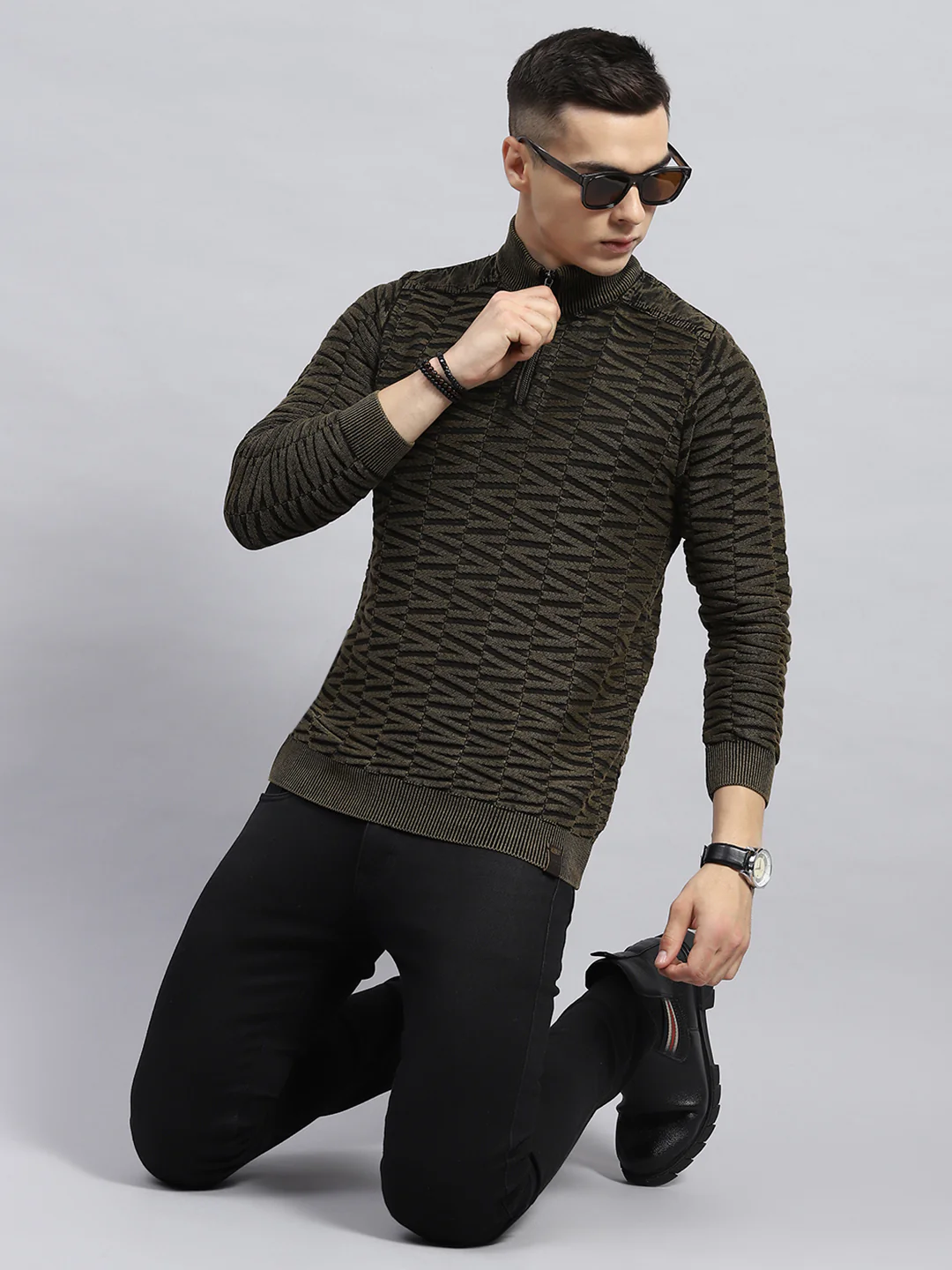 Men Olive Self Design High Neck Full Sleeve Pullover - Image 2