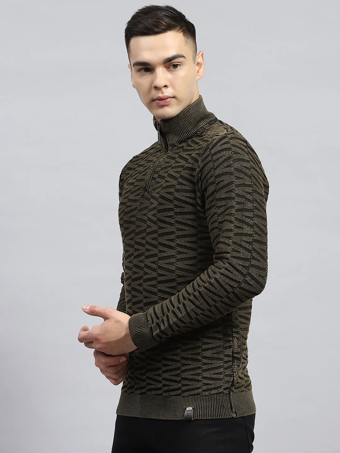 Men Olive Self Design High Neck Full Sleeve Pullover - Image 3