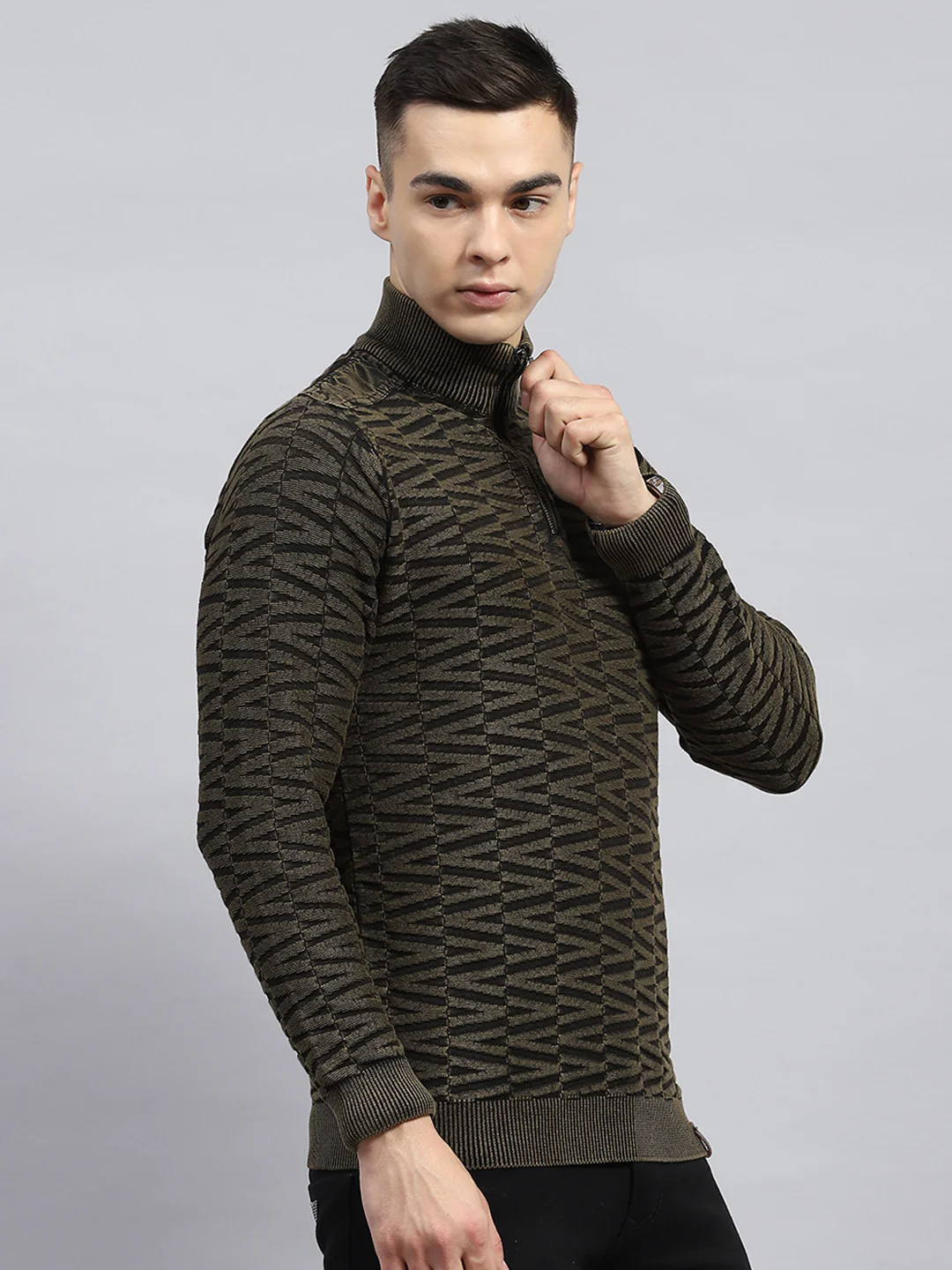 Men Olive Self Design High Neck Full Sleeve Pullover - Image 4