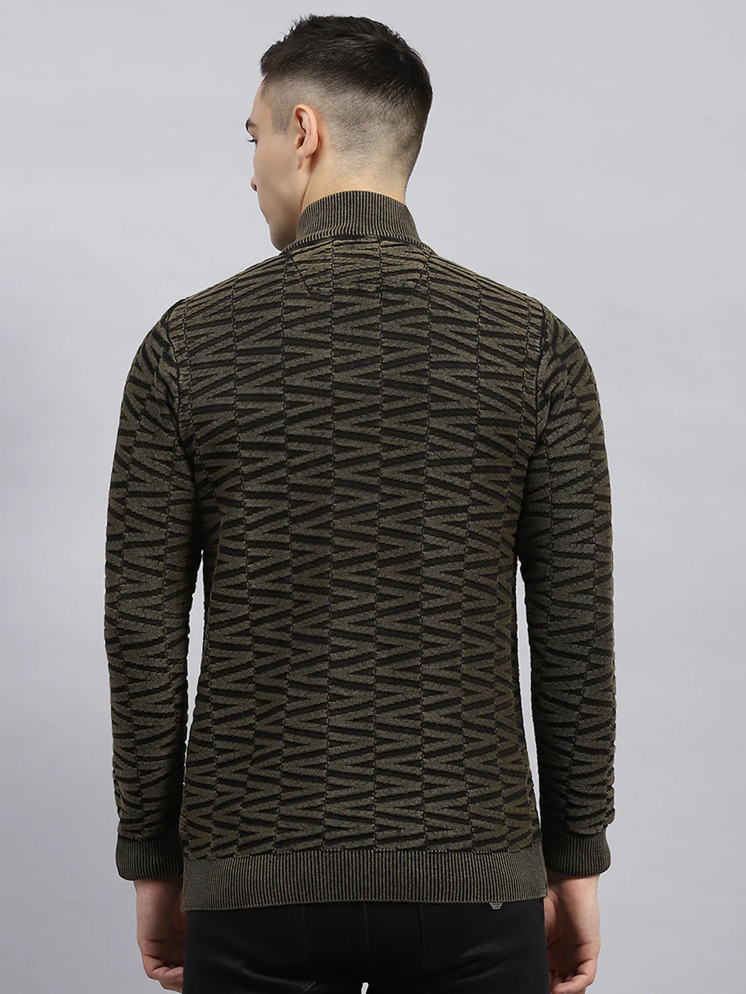 Men Olive Self Design High Neck Full Sleeve Pullover - Image 5