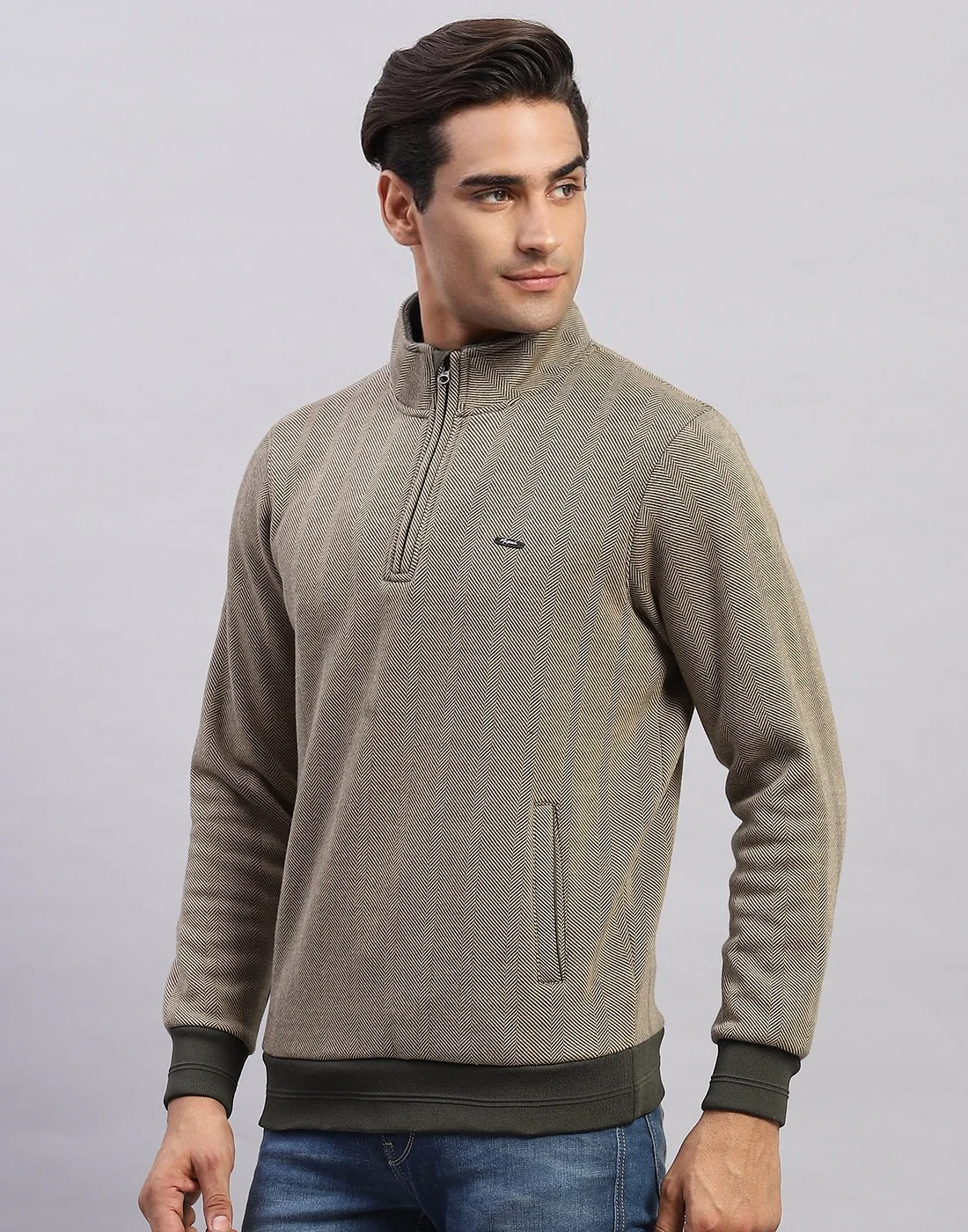 Men Olive Self Design Mock Neck Full Sleeve Sweatshirt - Image 3