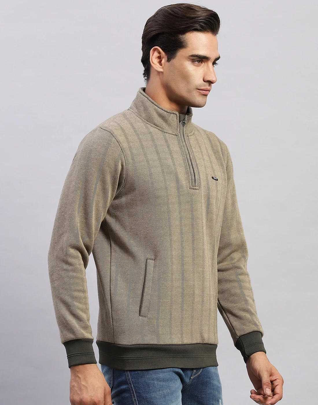 Men Olive Self Design Mock Neck Full Sleeve Sweatshirt - Image 4