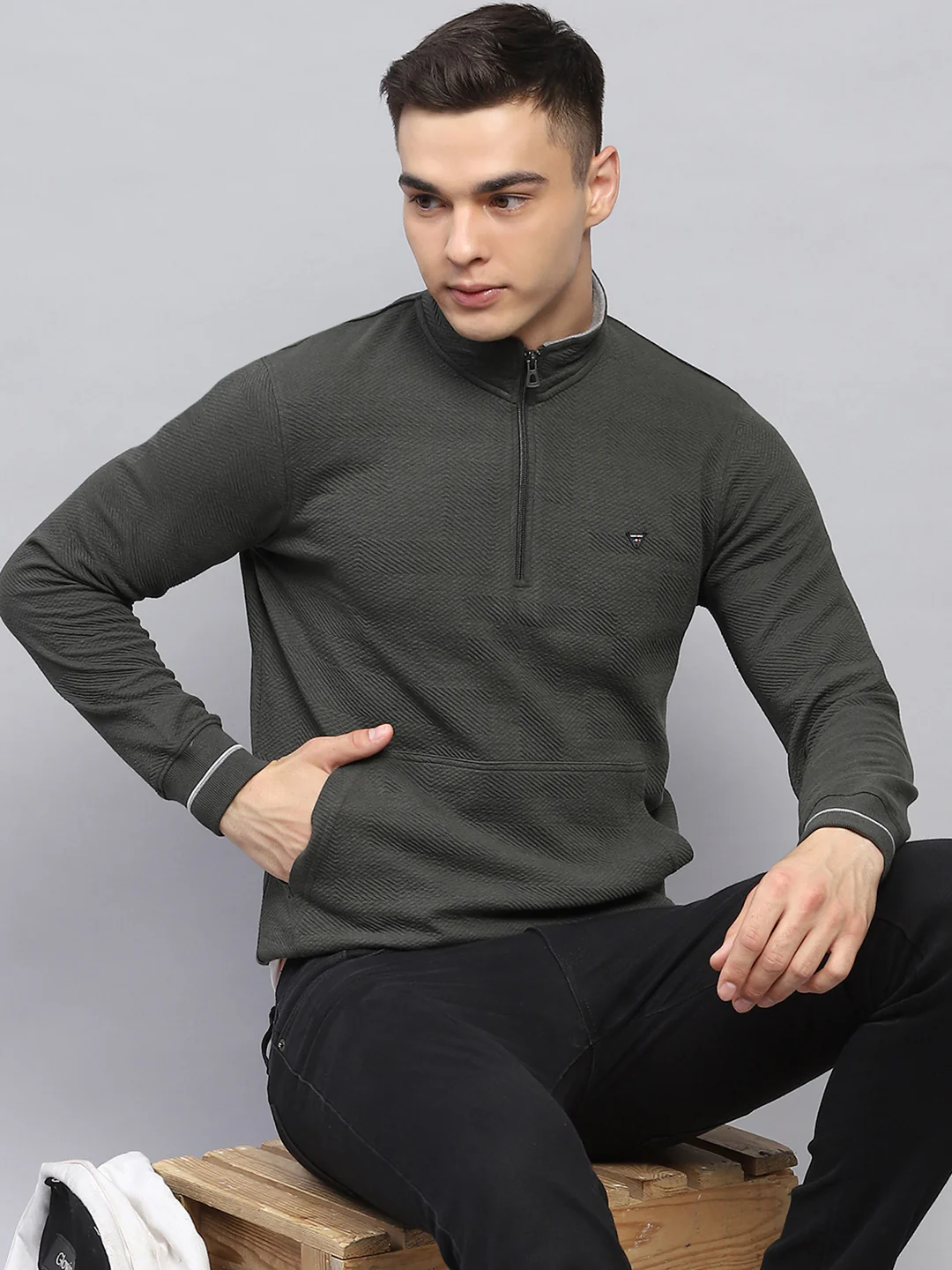 Men Olive Self Design Mock Neck Full Sleeve Winter T-Shirt - Image 6