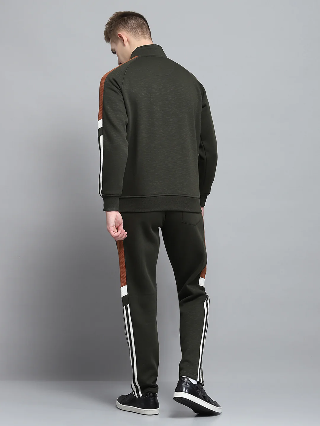 Men Olive Self Design Mock Neck Full Sleeve Winter Tracksuit - Image 5