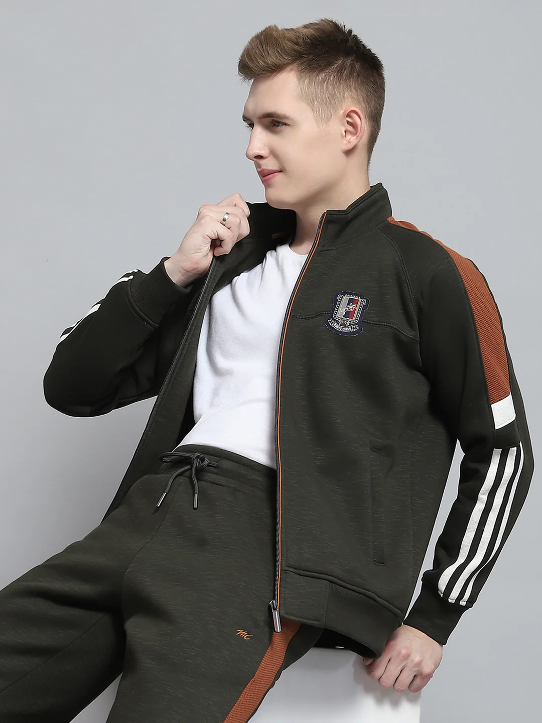 Men Olive Self Design Mock Neck Full Sleeve Winter Tracksuit - Image 6