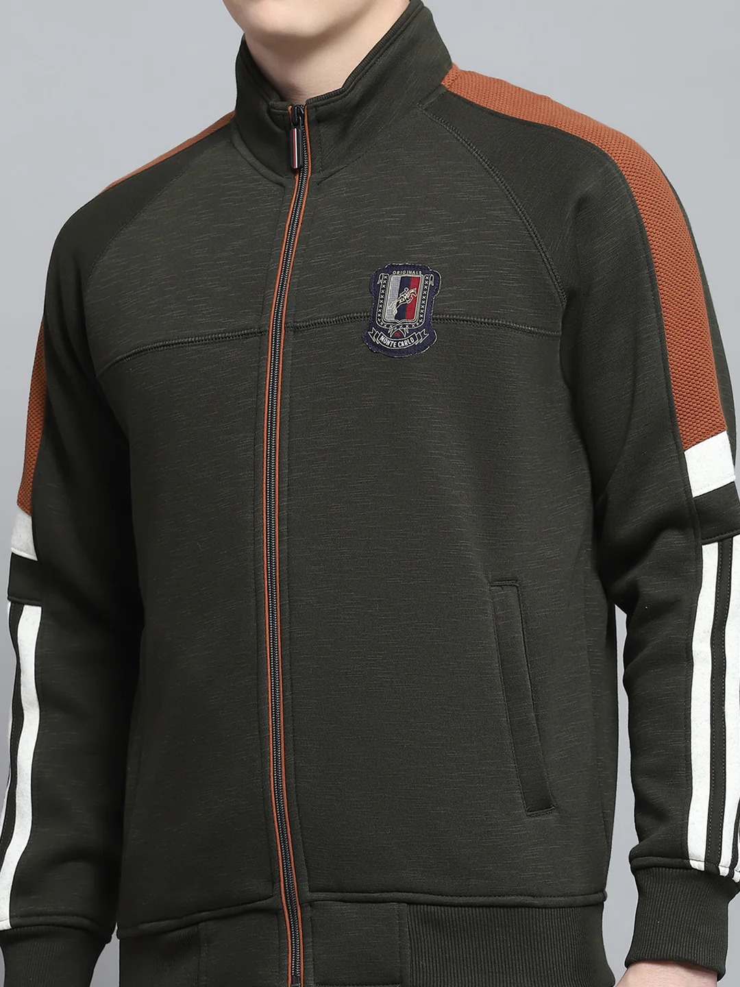 Men Olive Self Design Mock Neck Full Sleeve Winter Tracksuit - Image 7