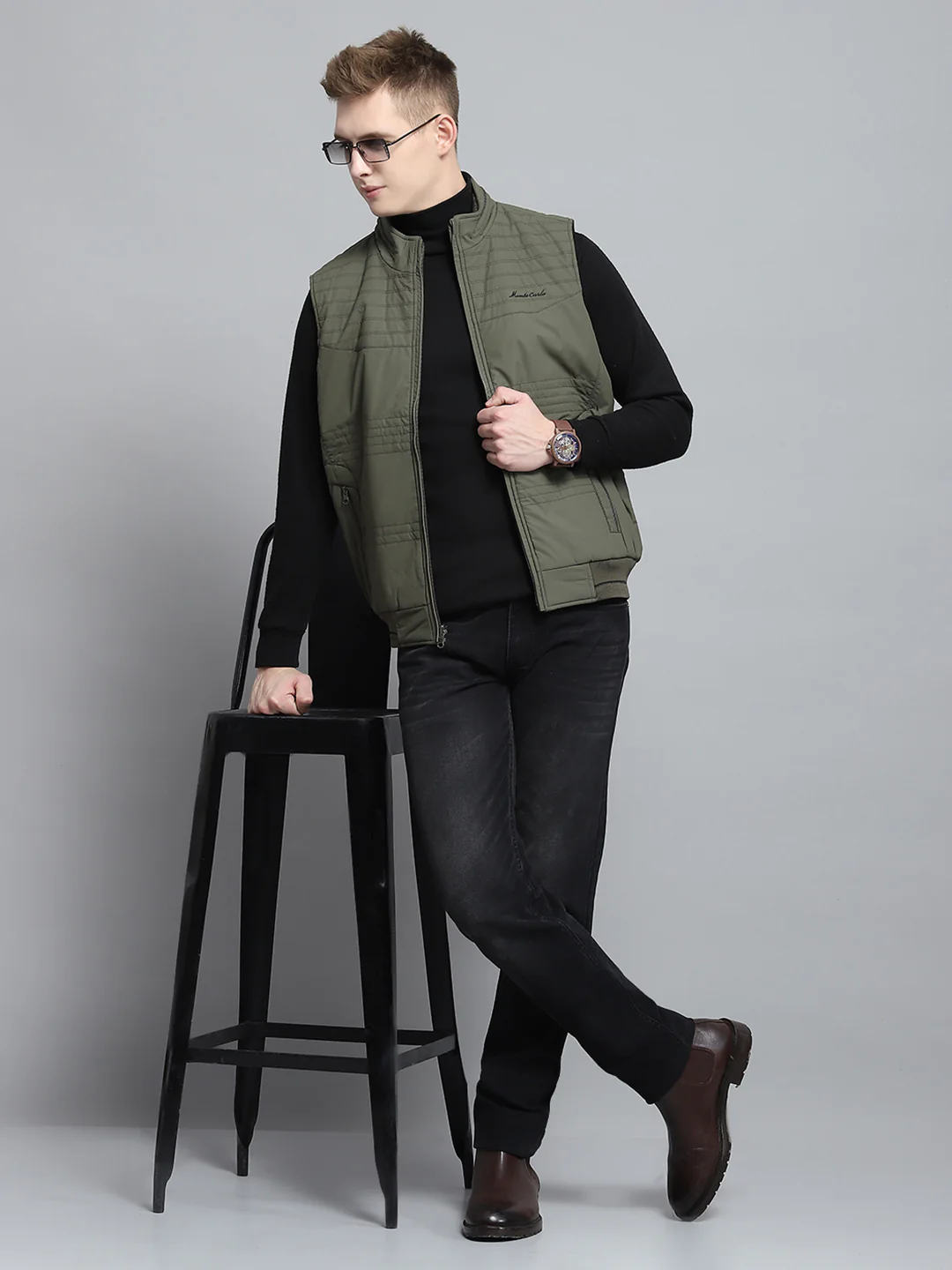 Men Olive Self Design Mock Neck Sleeveless Reversible Jacket - Image 2