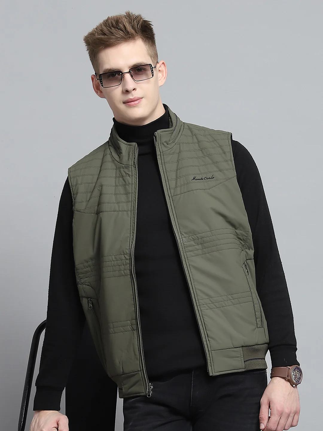Men Olive Self Design Mock Neck Sleeveless Reversible Jacket - Image 6