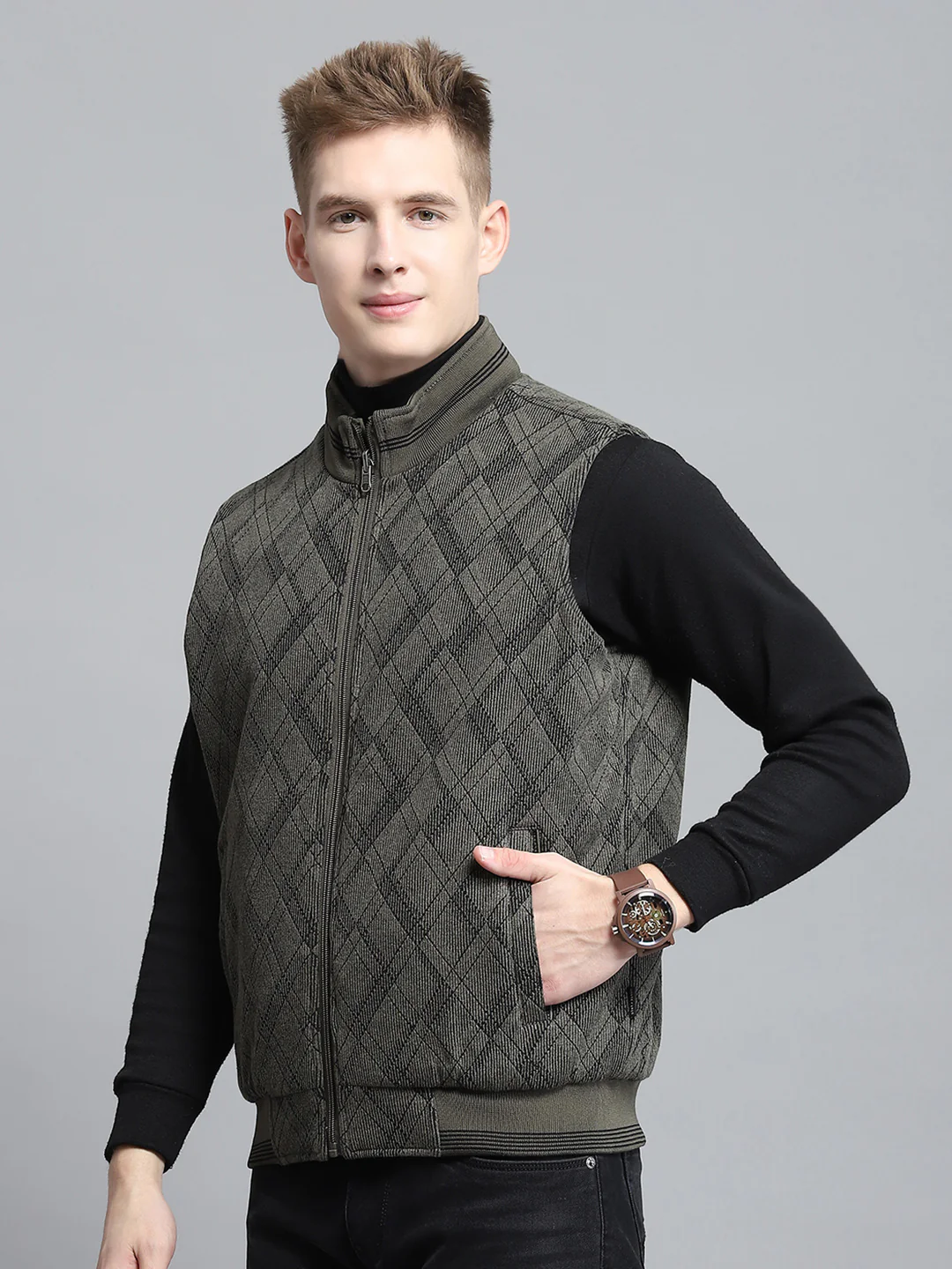 Men Olive Self Design Mock Neck Sleeveless Reversible Jacket - Image 8