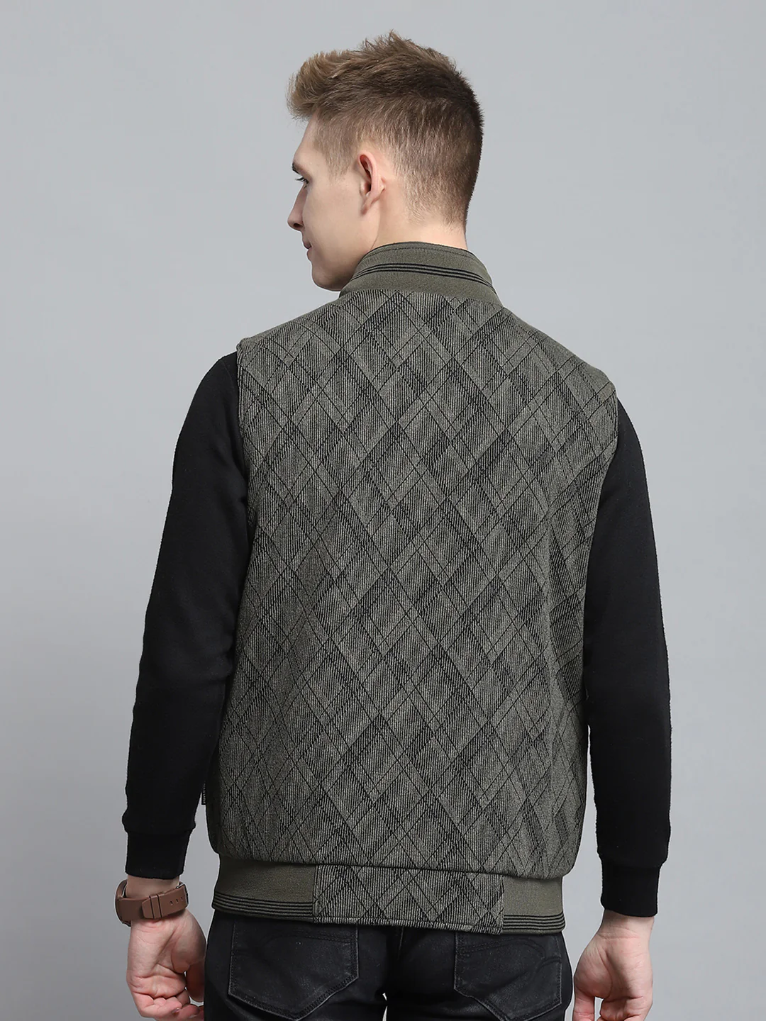 Men Olive Self Design Mock Neck Sleeveless Reversible Jacket - Image 9