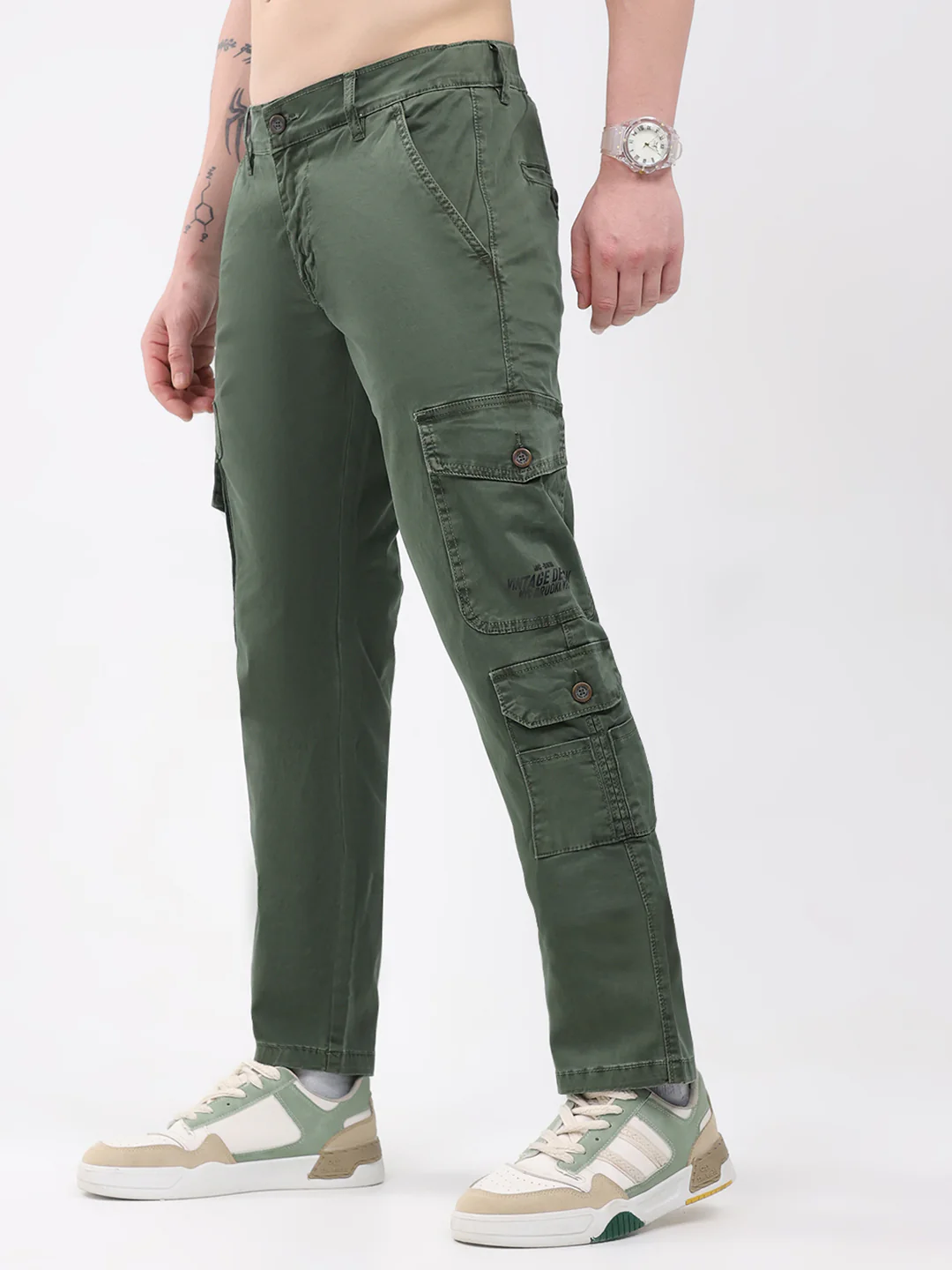 Men Olive Self Design Regular Fit Trouser - Image 3