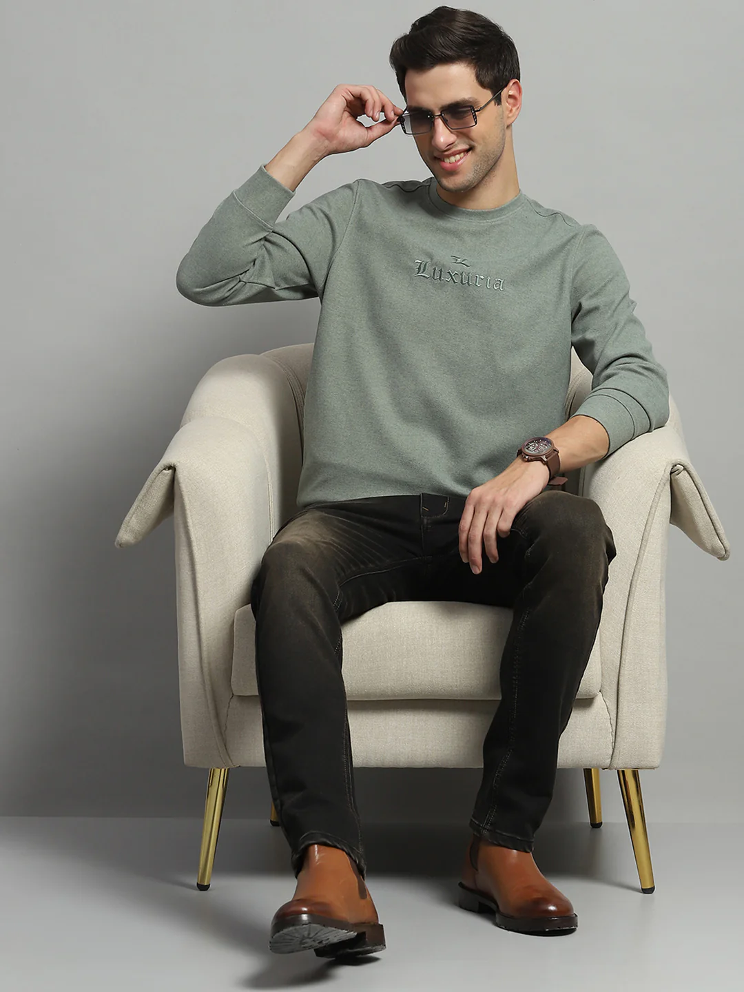 Men Olive Self Design Round Neck Full Sleeve Sweatshirt - Image 2