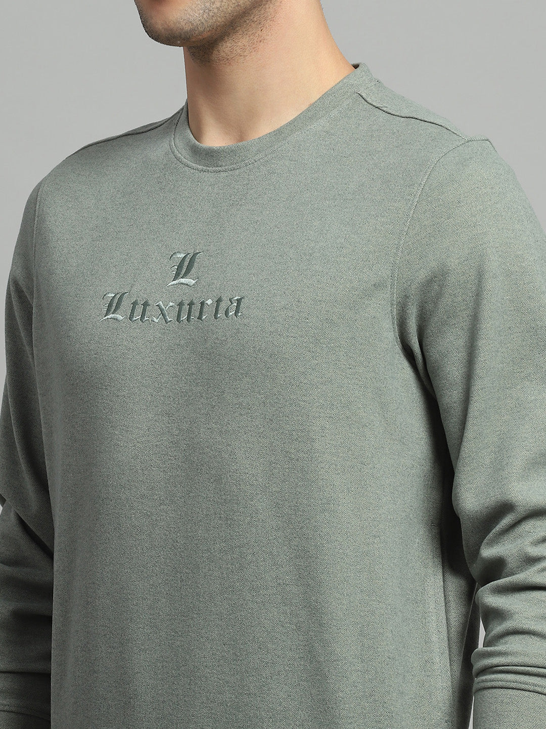Men Olive Self Design Round Neck Full Sleeve Sweatshirt - Image 6