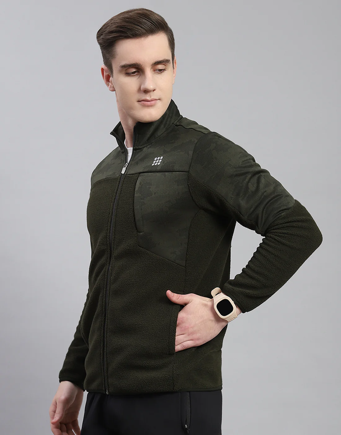 Rock.it Men Olive Self Design Stand Collar Full Sleeve Sweatshirt - Image 4
