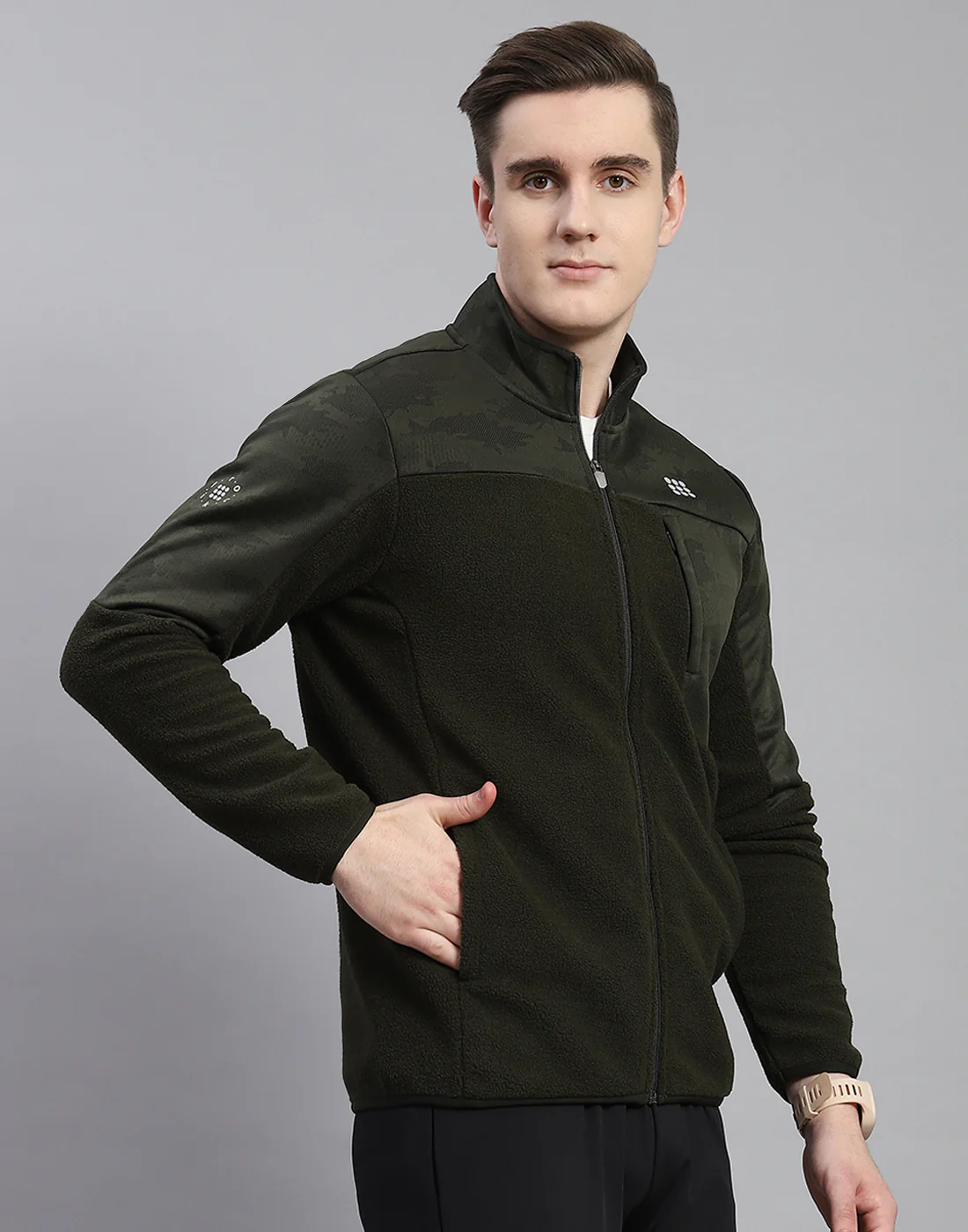Rock.it Men Olive Self Design Stand Collar Full Sleeve Sweatshirt - Image 5