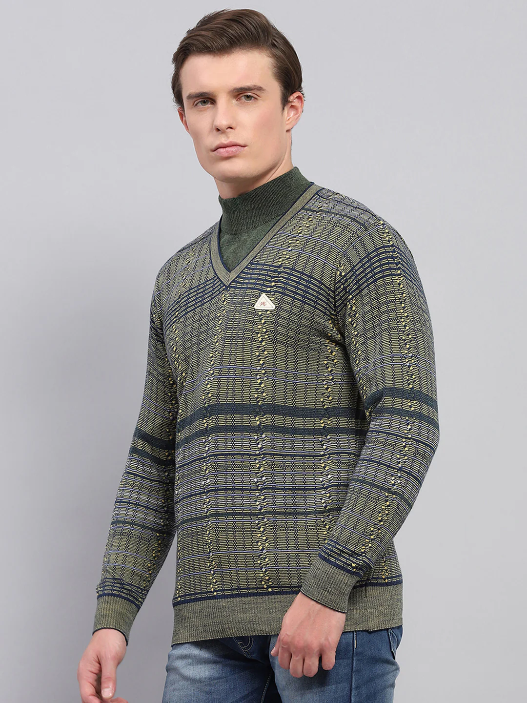 Men Olive Self Design V Neck Full Sleeve Pullover - Image 3