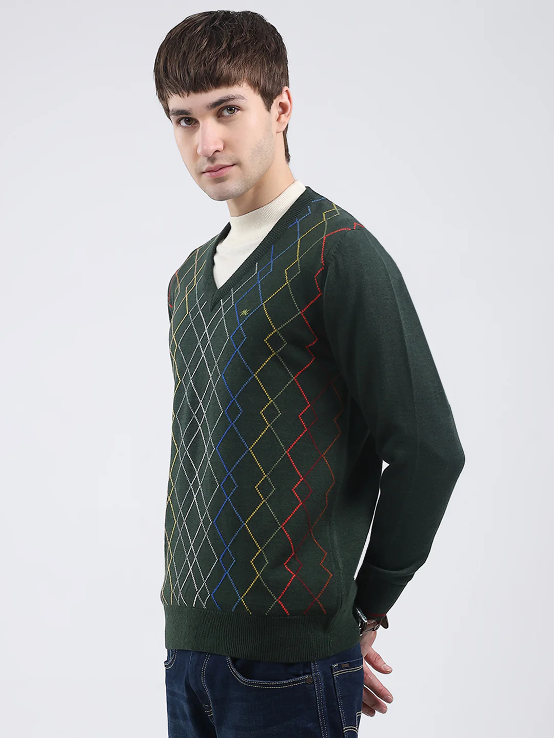 Men Olive Self Design V Neck Full Sleeve Pullover - Image 3