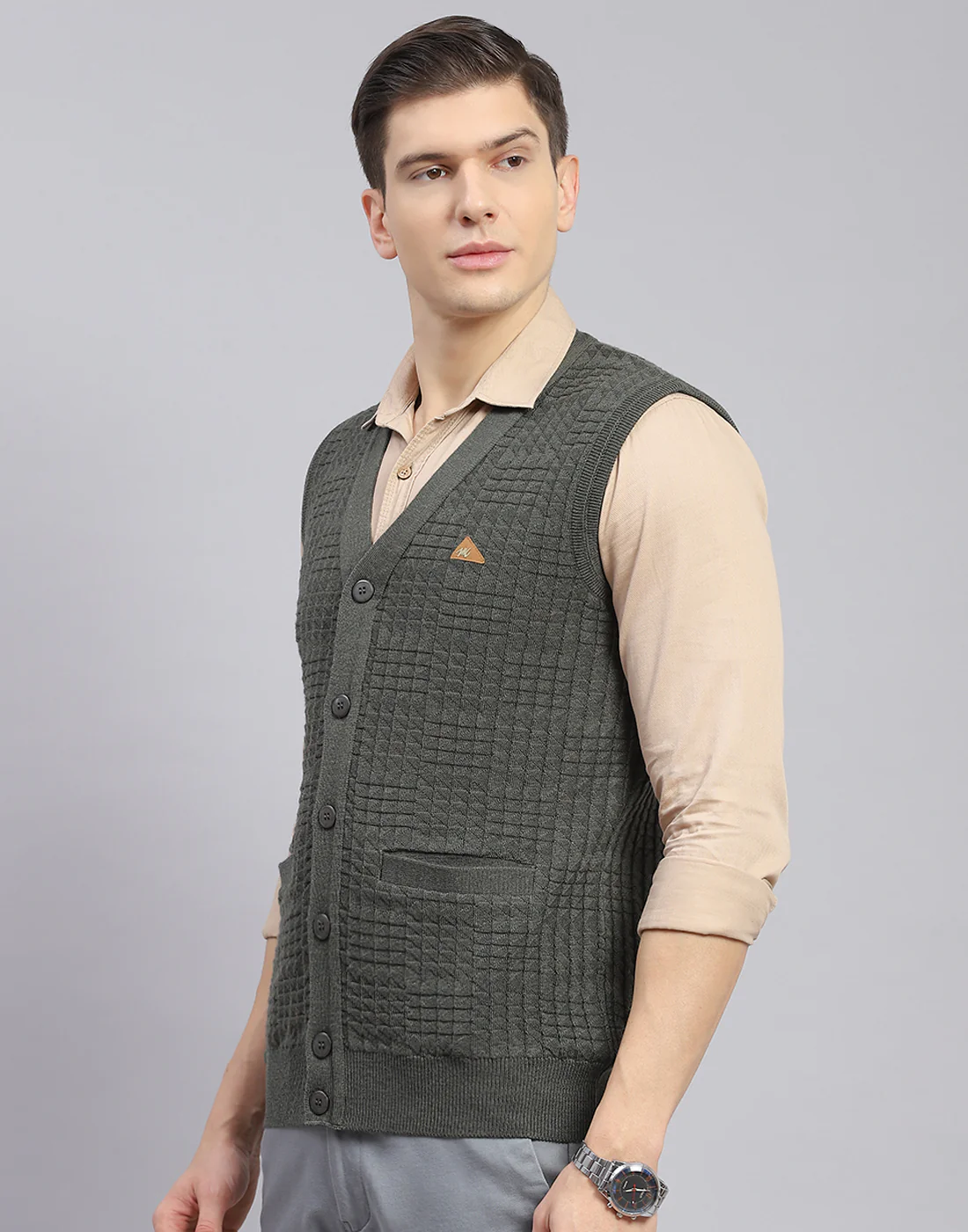 Men Olive Self Design V Neck Sleeveless Sweater - Image 3