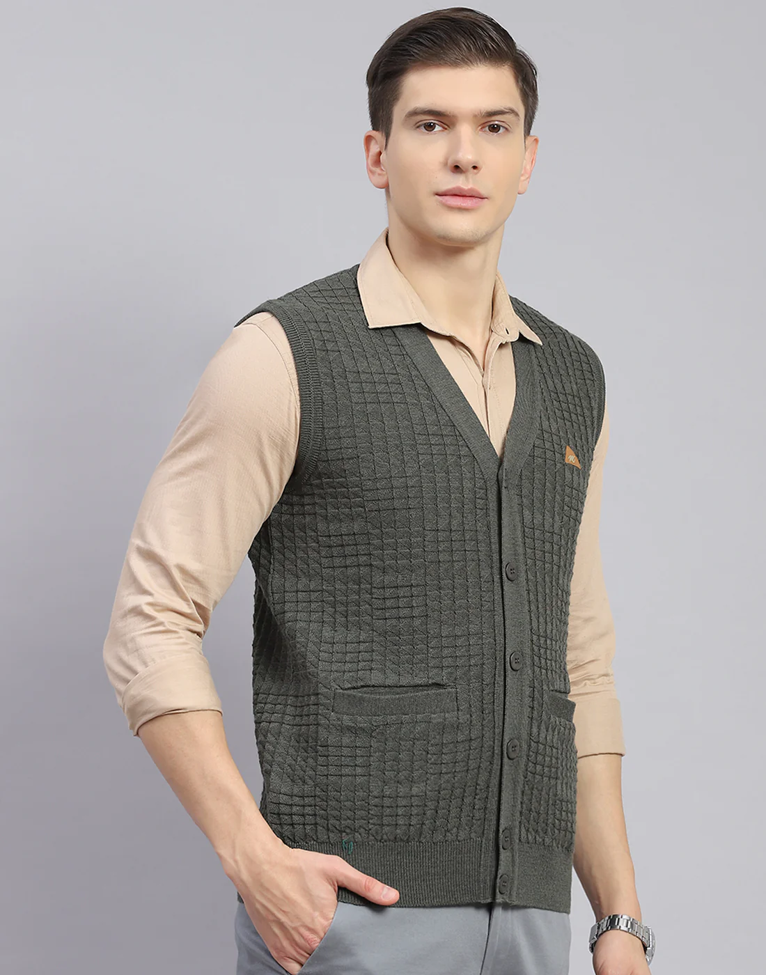 Men Olive Self Design V Neck Sleeveless Sweater - Image 4