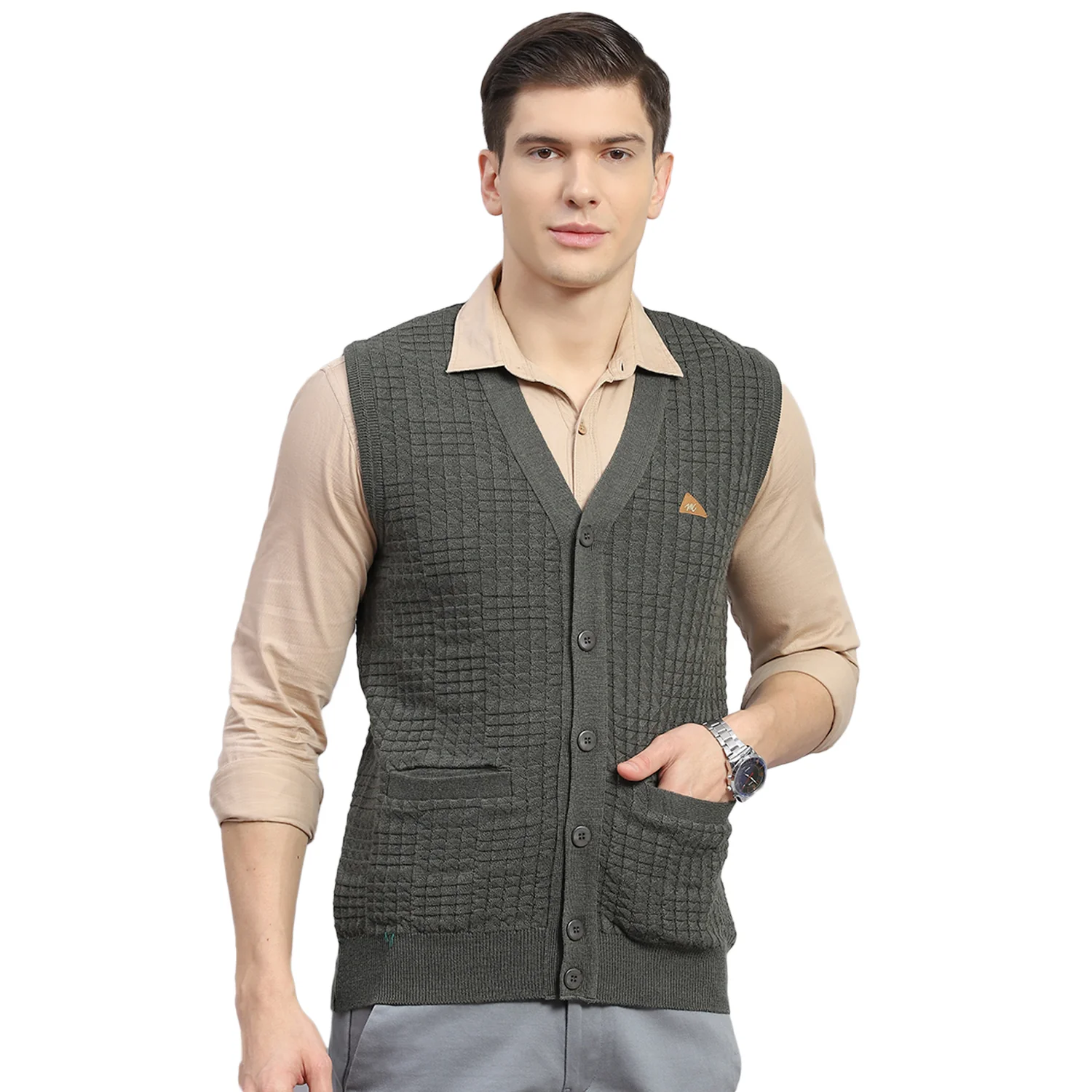 Men Olive Self Design V Neck Sleeveless Sweater - Image 5