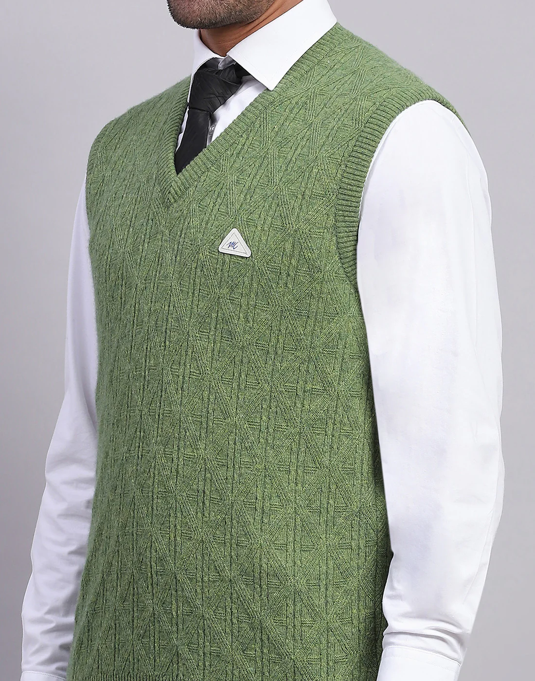 Men Olive Self Design V Neck Sleeveless Sweater - Image 6
