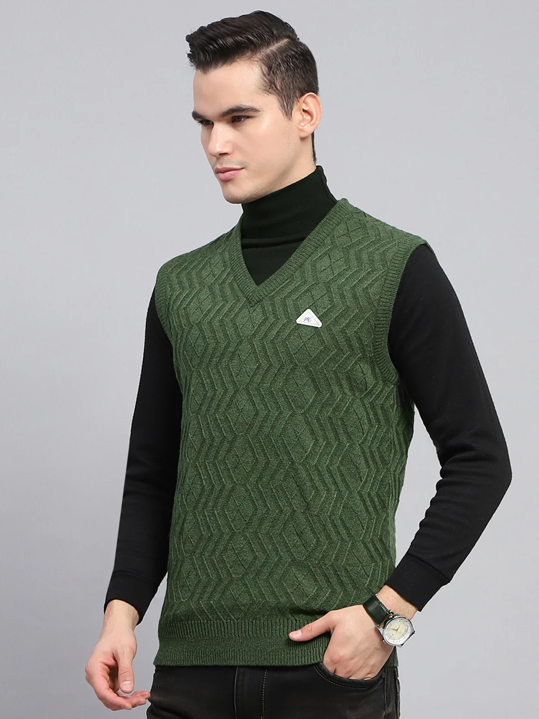 Men Olive Self Design V Neck Sleeveless Sweater - Image 3