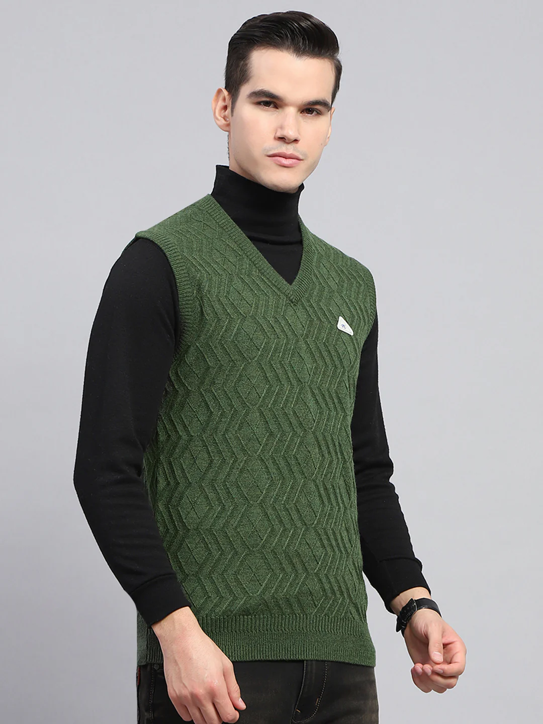 Men Olive Self Design V Neck Sleeveless Sweater - Image 4