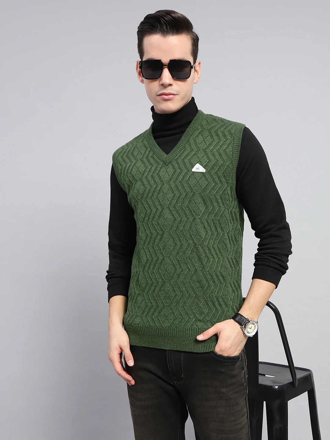 Men Olive Self Design V Neck Sleeveless Sweater - Image 6