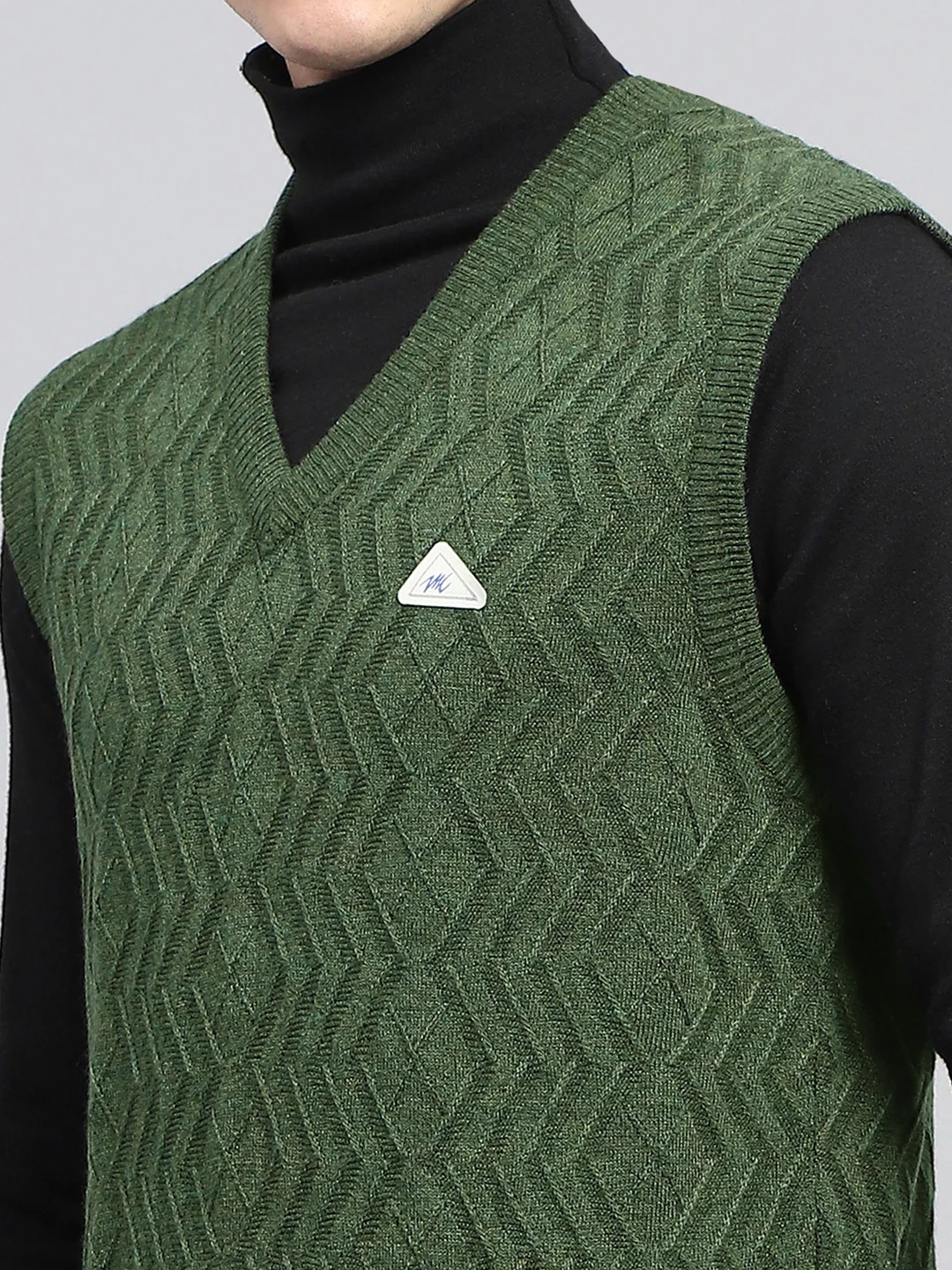 Men Olive Self Design V Neck Sleeveless Sweater - Image 7