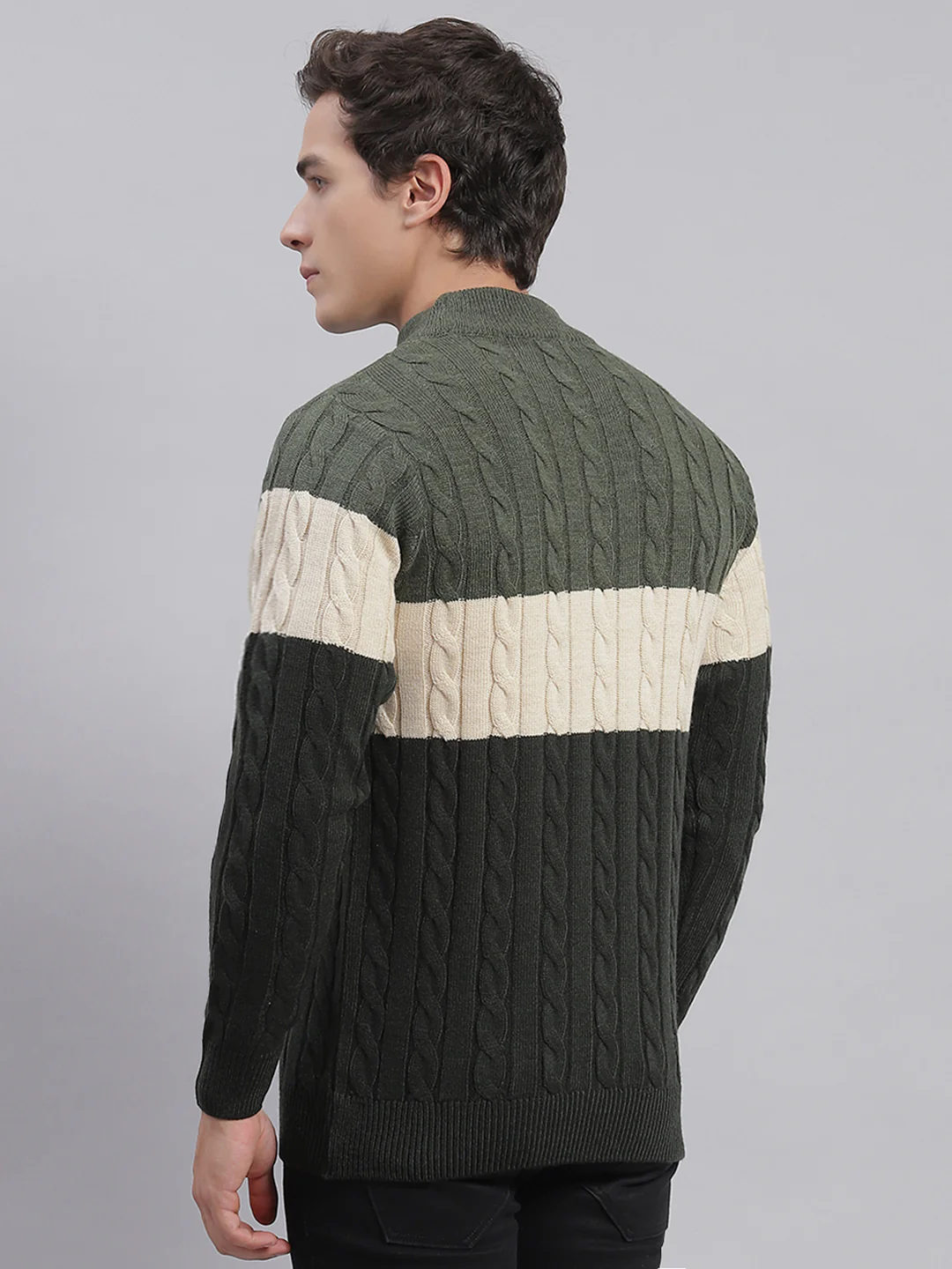 Men Olive Self Design T Neck Full Sleeve Sweaters/Pullovers - Image 5