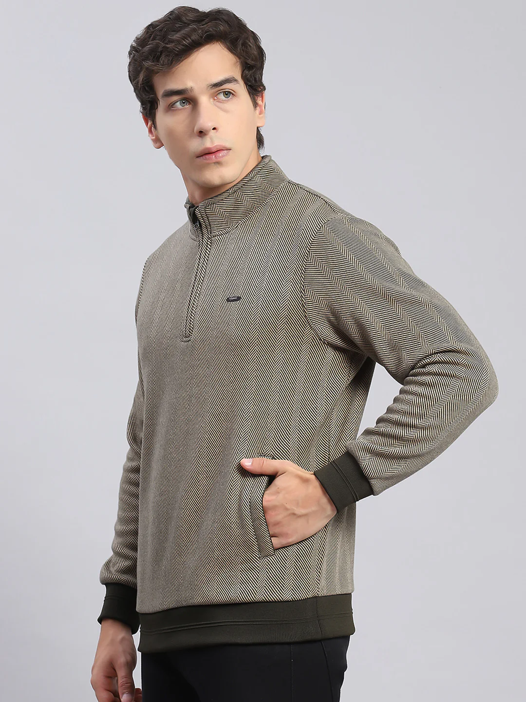 Men Olive Self Design T Neck Full Sleeve Sweatshirts - Image 4