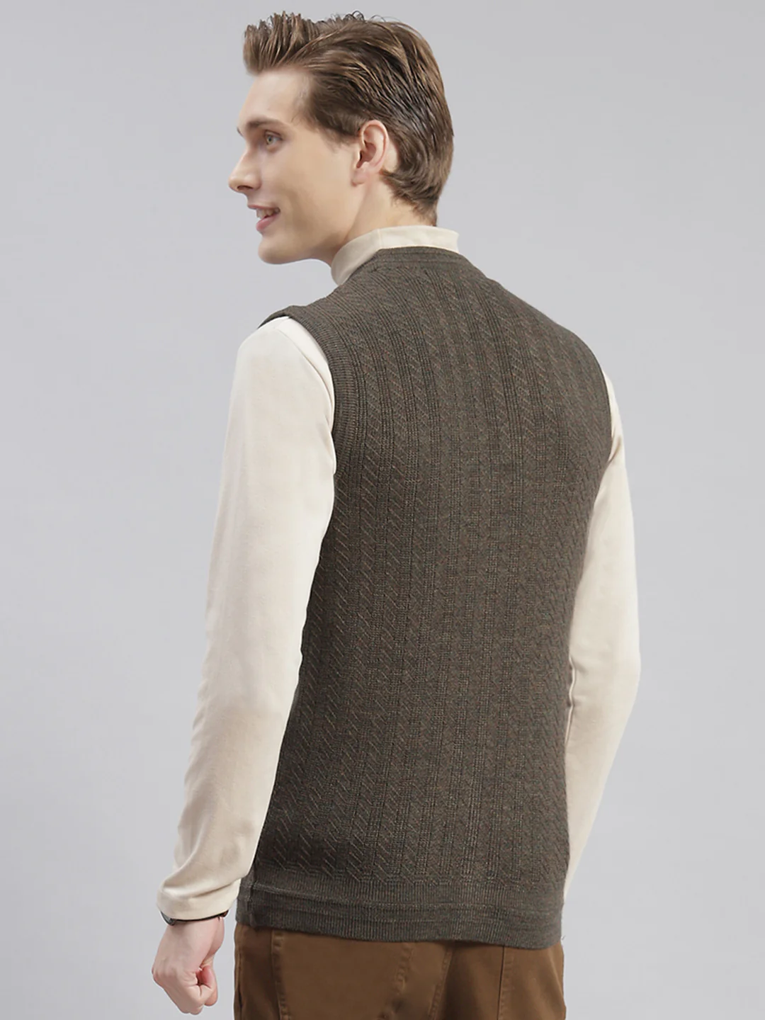 Men Olive Self Design V Neck Sleeveless Sweaters/Pullovers - Image 5