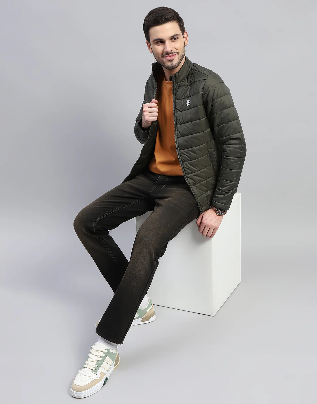 Rock.it Men Olive Solid Band Collar Full Sleeve Jacket - Image 3