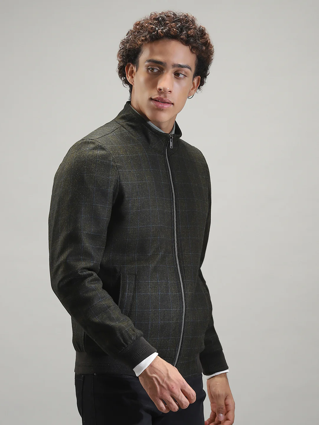 Men Olive Solid Band Collar Full Sleeve Jacket - Image 3