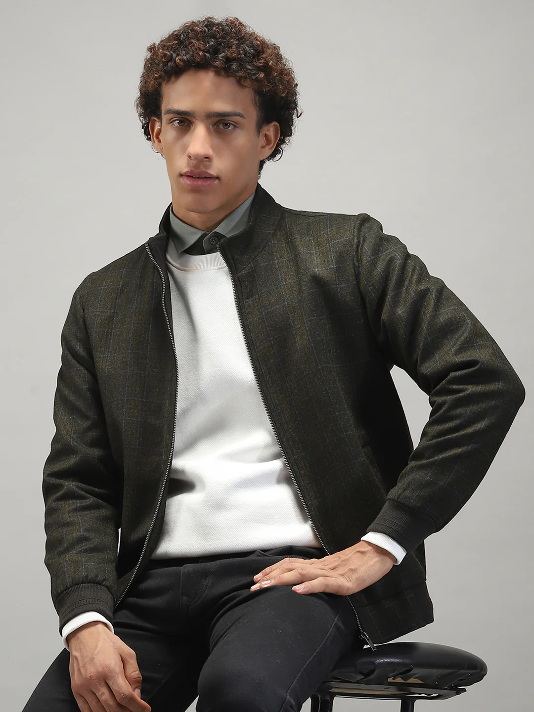 Men Olive Solid Band Collar Full Sleeve Jacket - Image 6