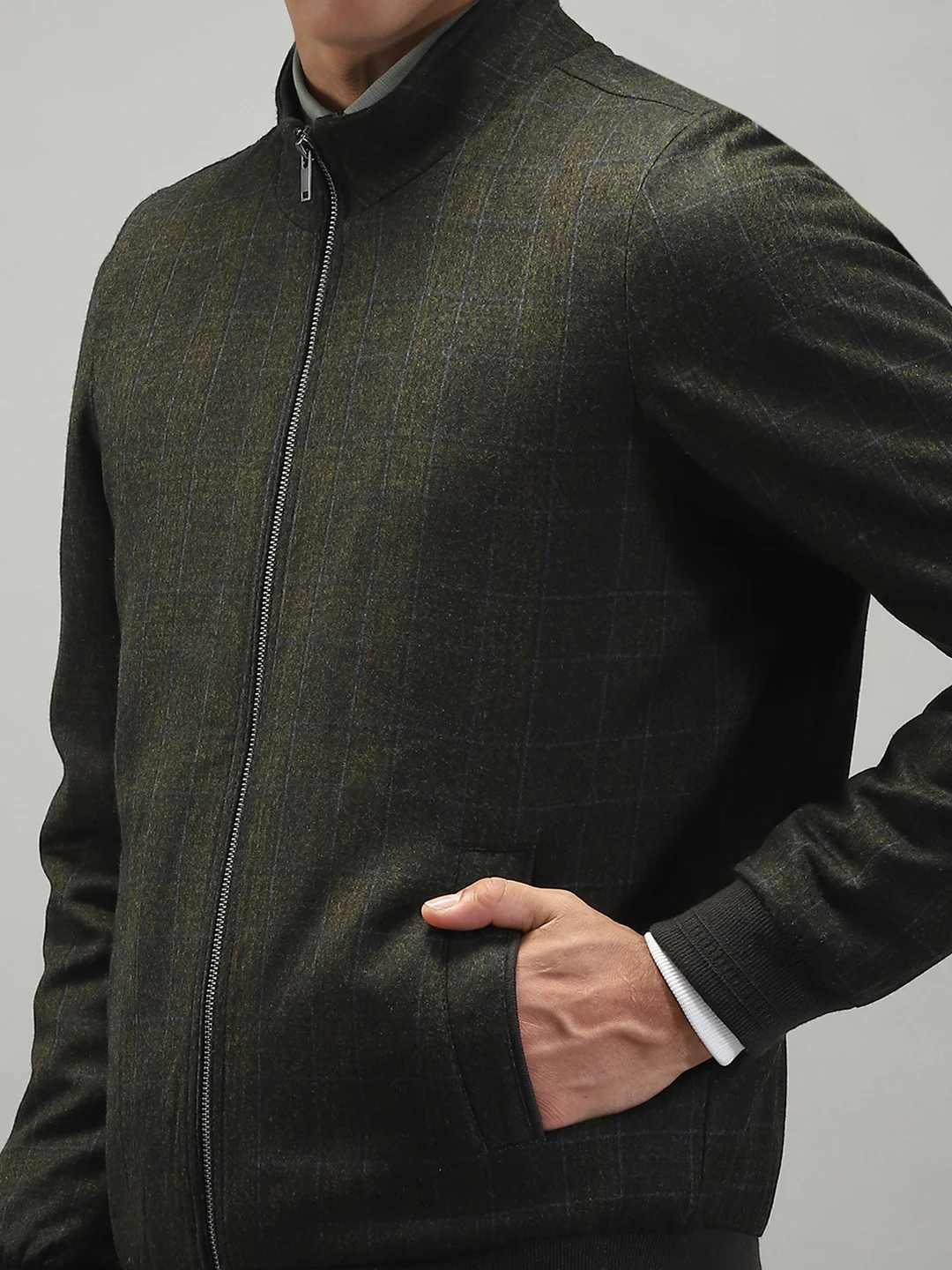 Men Olive Solid Band Collar Full Sleeve Jacket - Image 7