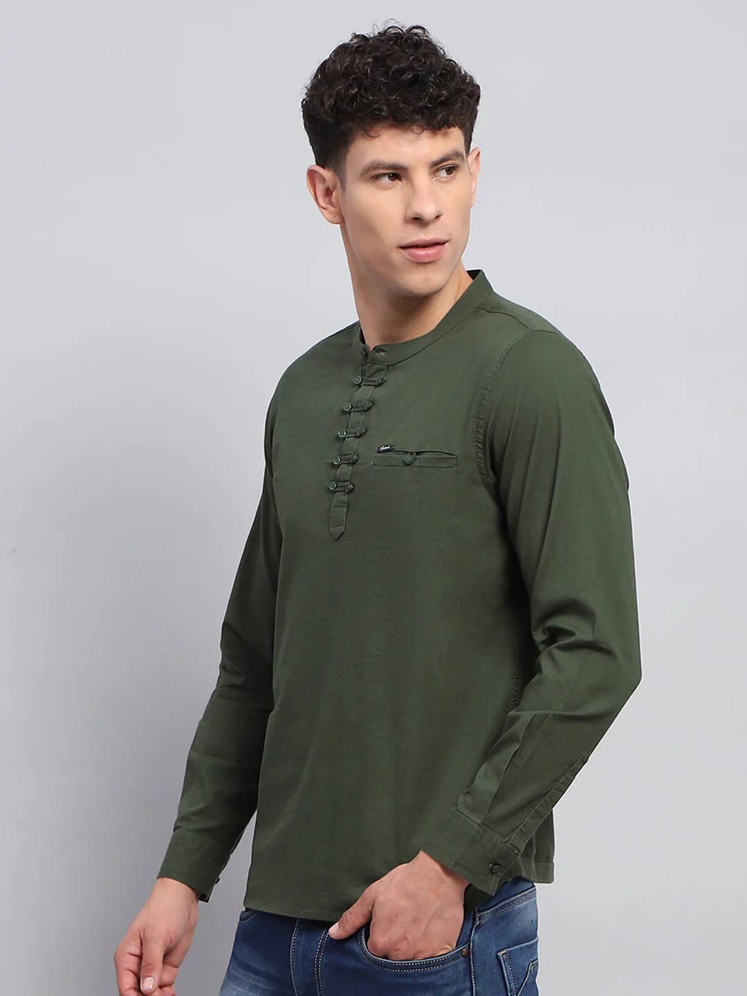 Men Olive Solid Band Collar Full Sleeve Kurta - Image 3