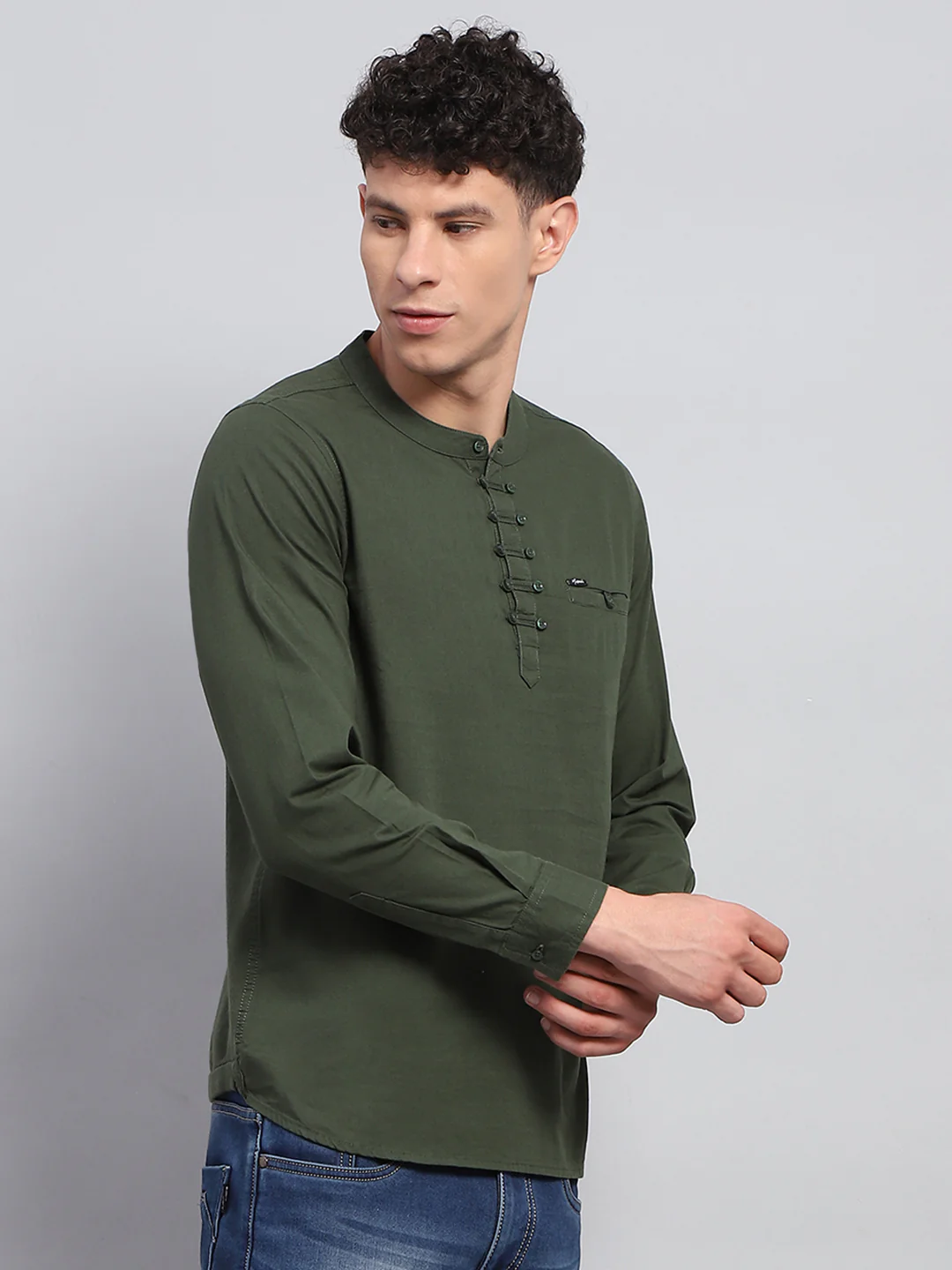 Men Olive Solid Band Collar Full Sleeve Kurta - Image 4